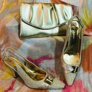 J Renee' Cream And Gold Cammy Sling Back Heels  With Unbranded Clutch Purse